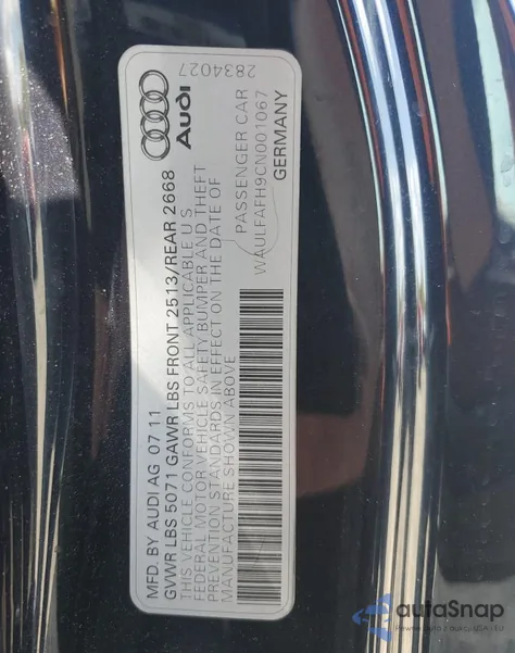 2012 Audi A5 Premium Plus from USA, damaged, VIN WAULFAFH9CN001067